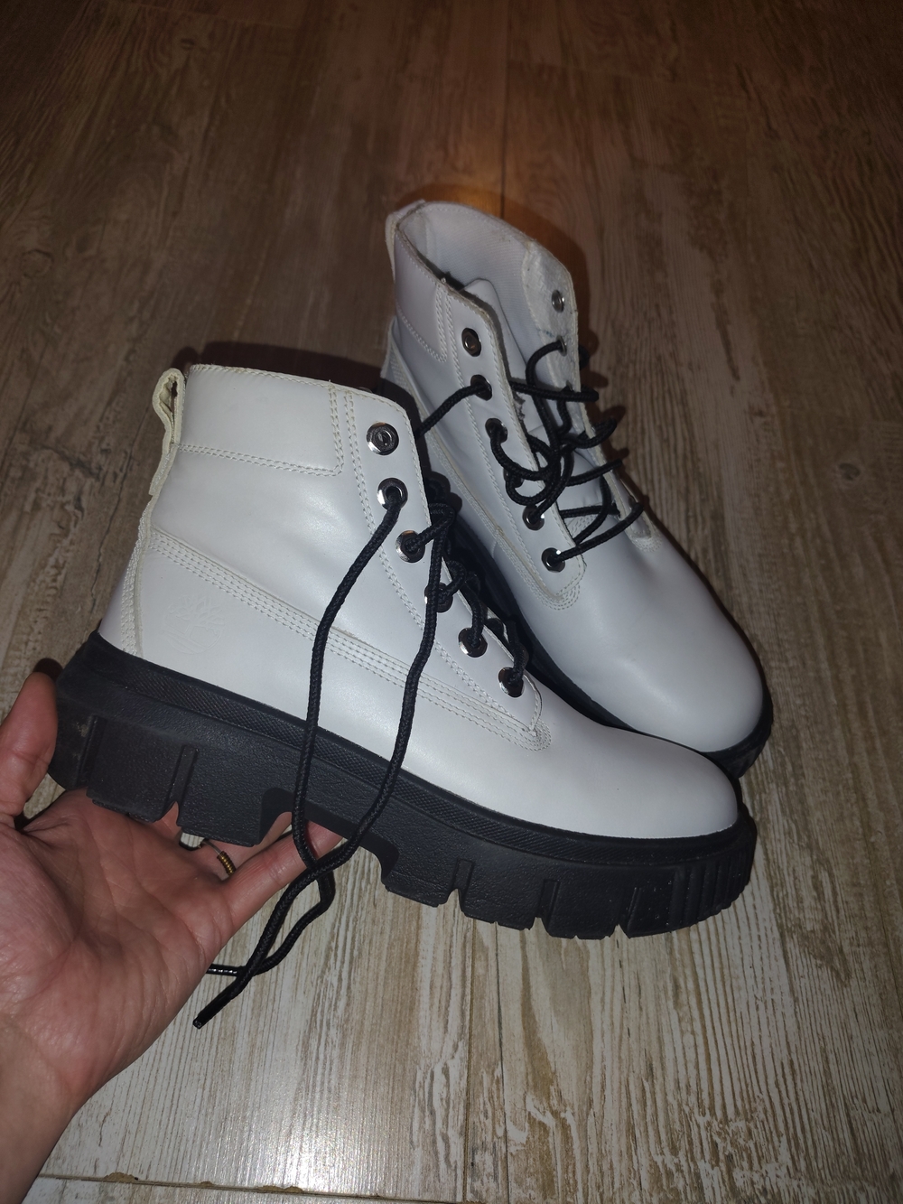 Timberland White Leather Combat Boots with Black Lug Sole and Black Laces